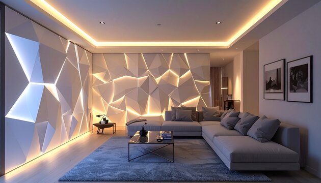 Modern living room with geometric wall design illuminated by warm recessed LED lighting, sectional sofa and minimalist decor concept for futuristic interior visuals