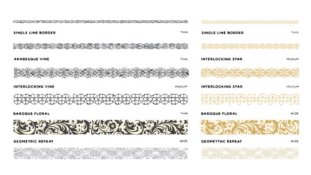Vintage ornamental border collection with arabesque vines and interlocking star patterns for classic framing and elegant decorative design elements in black white and golden beige color variations.