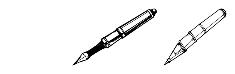 Fototapeta premium Vintage pen set with black line art illustration on white background featuring fountain, calligraphy, instrument with detail and style