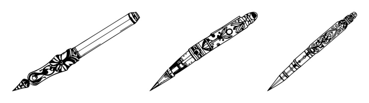 Pen set with ornate silver design featuring black line art, white background, silver shine with elegance and sophistication