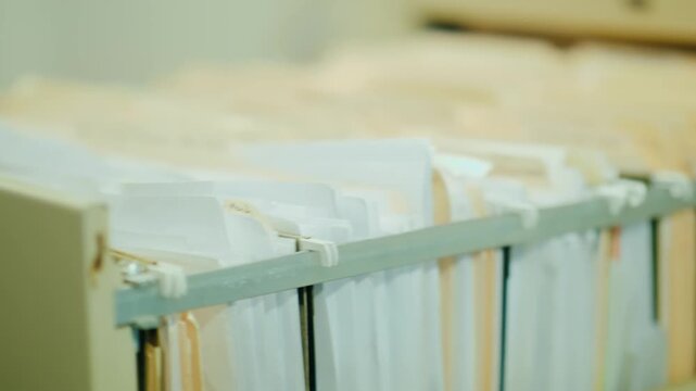 Business person hands opening grey filing cabinet drawer filled with organized paper hanging folders.