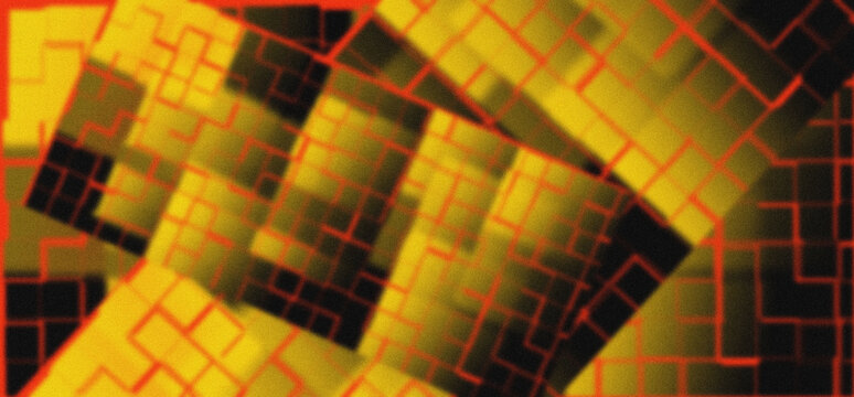 Vibrant geometric patterns glow in amber and crimson. Abstract shapes twist in layered, dynamic motion. Bold lines frame a fiery, textured visual energy. Perfect for tech, digital art