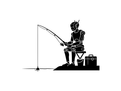 A minimalist black and white vector graphic of a humanoid robot sitting on a stool and fishing with a rod, bucket, and tackle box.