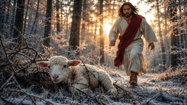 Jesus approaching a wounded lamb in a frosted winter forest