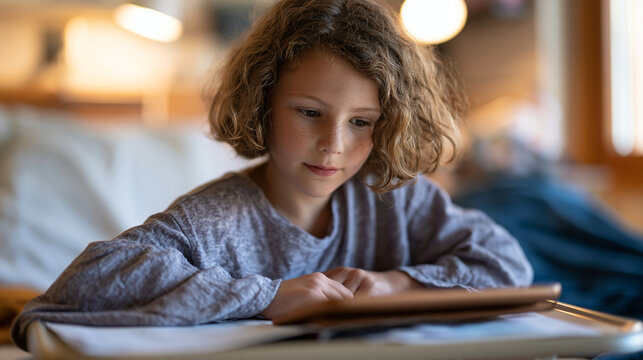Child with learning differences works through reading app on tablet propped on hospital tray table, pandemic learning gap, inpatient academic continuity, chronic illness education