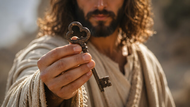 A man with long hair and a beard holding an antique key