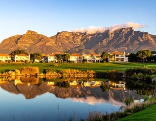 Obraz premium A serene landscape with a pond, houses, and a majestic mountain range