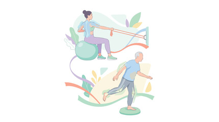 Fototapeta premium Illustration of two people engaging in balance exercises on colorful platforms with resistance bands in a playful, vibrant setting.