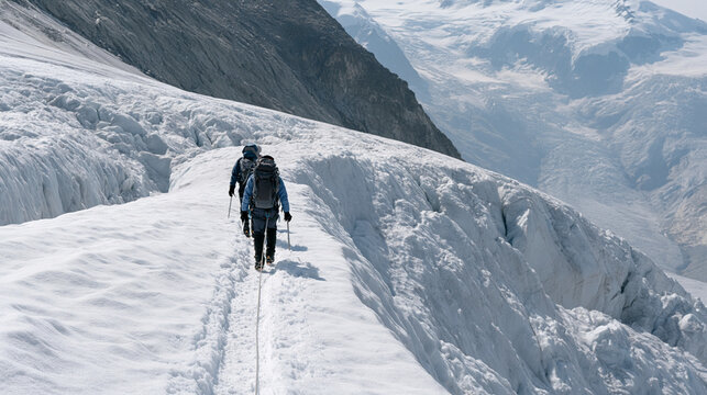 Glacier expedition team roped together crossing snowbridge above crevasse field, ice axes in hand, rope intervals maintained, guided glacier tour, mountain safety training, summer