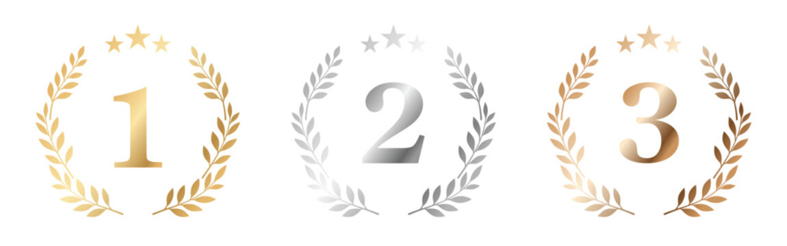 Luxury award badge set with gold silver and bronze stars, ranking numbers and laurel wreaths isolated on transparent background. Elegant premium symbols for first second and third place winners. Suita