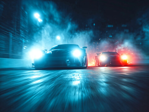 two racing cars from low angle view, dramatic perspective, headlights on, night scene, start of street race, cinematic lighting, asphalt reflections, intense 