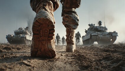 Naklejka premium Soldiers marching forward with tanks in a dusty battlefield during a military operation