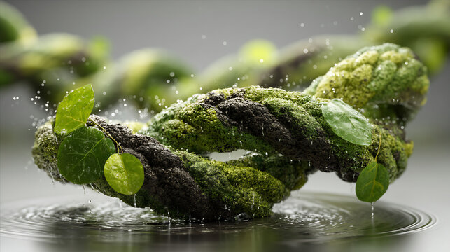 Tightly twisted green vine with leaves emerging from water droplets