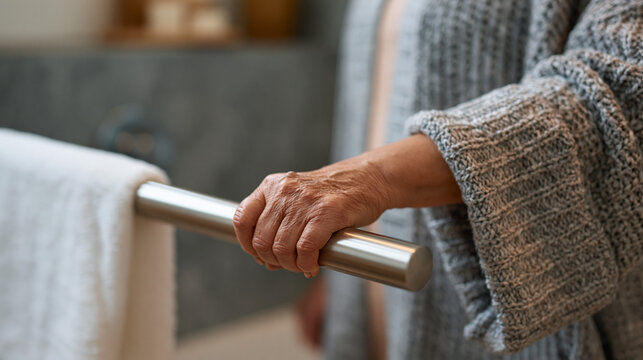 Elderly woman gripping handrail of newly installed bathroom grab bar, occupational therapist demonstrating proper technique, accessible home modification, fall prevention senior