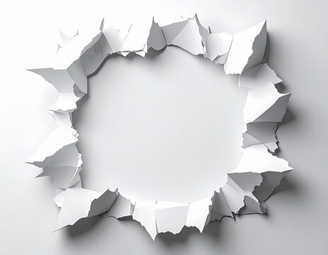 Circular hole torn through white paper surface.