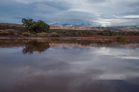 View of the snow-capped La Sal Mountains and red rock formations reflecting in a desert pool under a dramatic cloudy sky in Moab, Utah, United States.