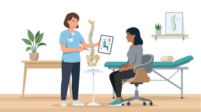 A female chiropractor explaining a spine model and X-ray to a seated patient in a modern chiropractic office with a clean and professional mood.