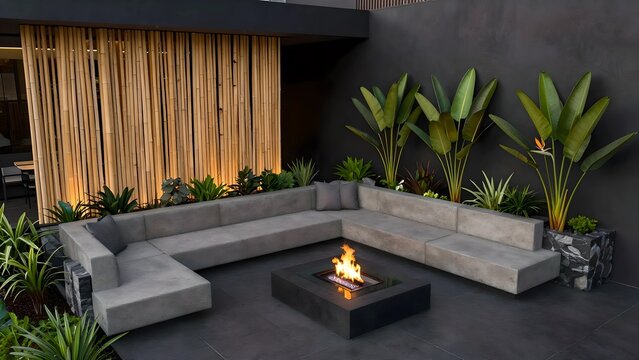 Terrace Tropical Modern with sleek concrete sectional sofa, bamboo privacy screen, modular stone planters, bird of paradise plants, and a glass fire pit, Integrated discreet lighting, Deep charcoal