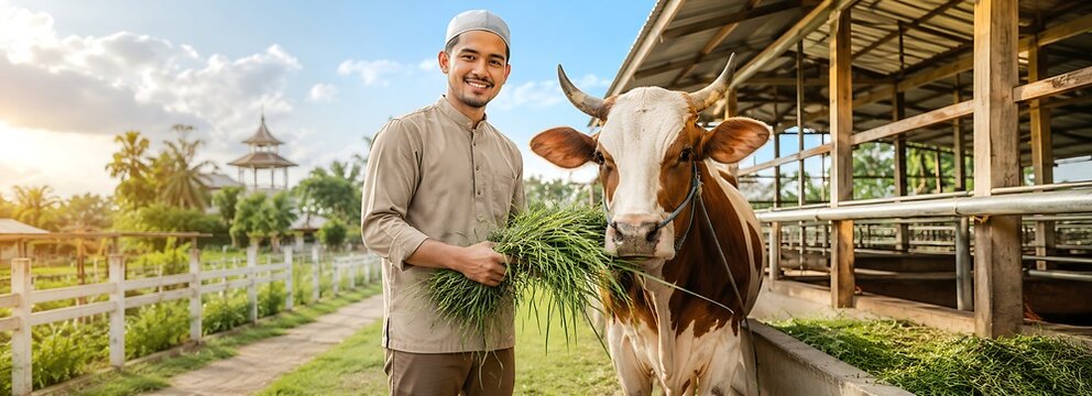 Panoramic cinematic shot of a smiling muslim man in koko shirt and cap feeding a cow at the farm for Eid al-Adha sacrifice.