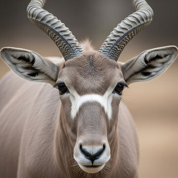 Majestic Addax antelope with striking spiral horns gazing intensely forward in its natural habitat