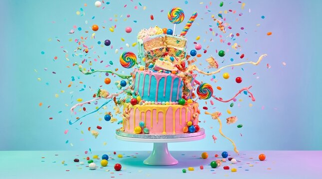 Colorful birthday cake explodes with candy and confetti celebration