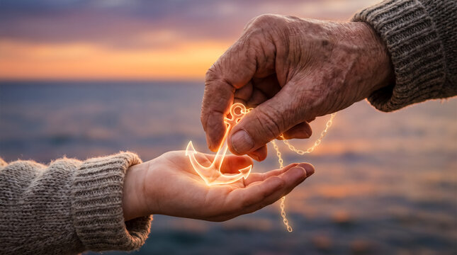 elderly hand passing warmth to child hand glowing legacy transfer near sea horizon showing protection affection family guidance trust comfort hope and shared care between generations
