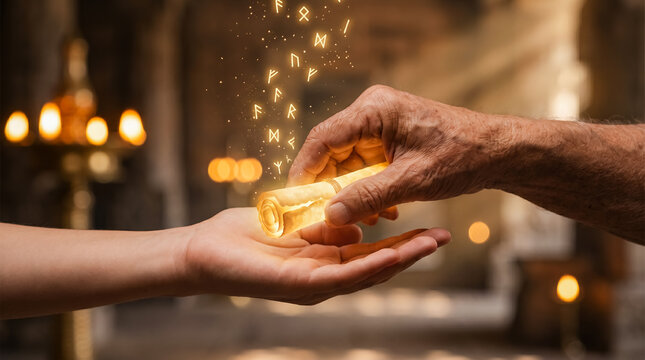 elderly hand passing wisdom to child hand glowing legacy transfer by candlelight symbolizing sacred family knowledge guidance memory warmth trust intimate generational bond and quiet care