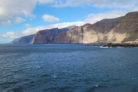 Panoramic view of Los Gigantes cliffs, Tenerife, Spain. Nature in the Canary Islands.  Selective focus. Copy space
