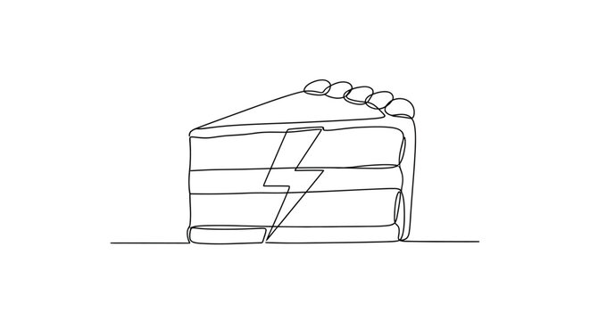 Lightning Bolt Slice of Cake, Continuous Line Drawing, Energy Food Concept