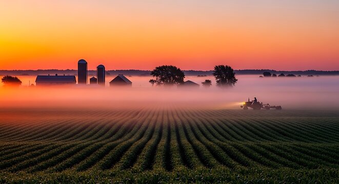 A vibrant sunrise illuminates a misty agricultural landscape with a tractor working in the foreground and farm buildings silhouetted against the colorful sky.