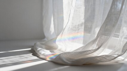 Naklejka premium Sheer curtain with sunlight and rainbow