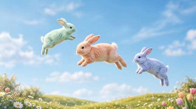 Three colorful fluffy bunnies jumping and playing in a sunny spring meadow with flowers and blue sky.