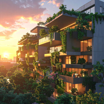Modern architecture building exterior lush greenery