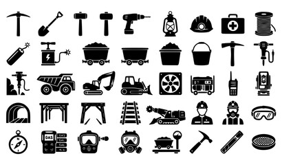 Mining tools silhouette icon set vector with pickaxe shovel hammer lantern and mining cart isolated on white background © Romjan