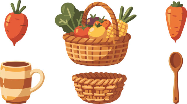 A rustic wicker basket filled with fresh vegetables and fruits sits next to another empty basket