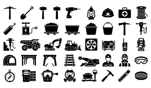 Mining tools silhouette icon set vector with pickaxe shovel hammer lantern and mining cart isolated on white background