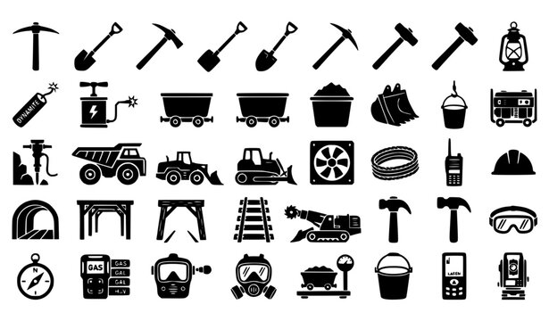 Minimal mining tool silhouette icon set vector with industrial excavation equipment isolated on white background