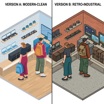 Two people compare modern and retro-industrial versions of a store interior with technology products on shelves.