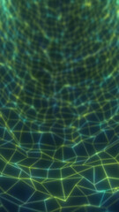 Glowing green polygonal mesh forms a deep abstract tunnel, creating a futuristic network background with depth, structure and digital motion © Bolbik