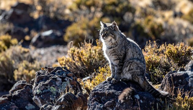 Rare Andean mountain cat with thick silver gray fur and ringed tail perched on cold volcanic rocks in the high altitude wilderness, presented in a cinematic wide cinematic banner orientation.