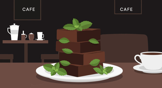 Delicious Chocolate Brownies Stacked with Fresh Mint Leaves in a Cozy Cafe Setting