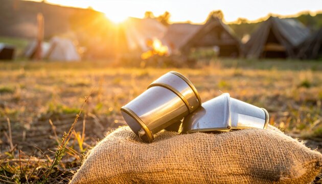 Polished steel armguards with brass trim resting on a rough burlap sack, positioned within a cinematic medieval campsite during a golden hour sunset.