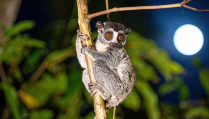 Fototapeta premium Slow loris clinging to a thin tree branch at night with large round nocturnal eyes visible in a cinematic horizontal composition, showcasing exotic wildlife in its natural jungle environment.