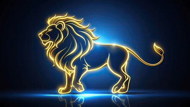 Glowing neon lion outline on dark blue background walking