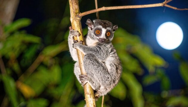 Slow loris clinging to a thin tree branch at night with large round nocturnal eyes visible in a cinematic horizontal composition, showcasing exotic wildlife in its natural jungle environment.
