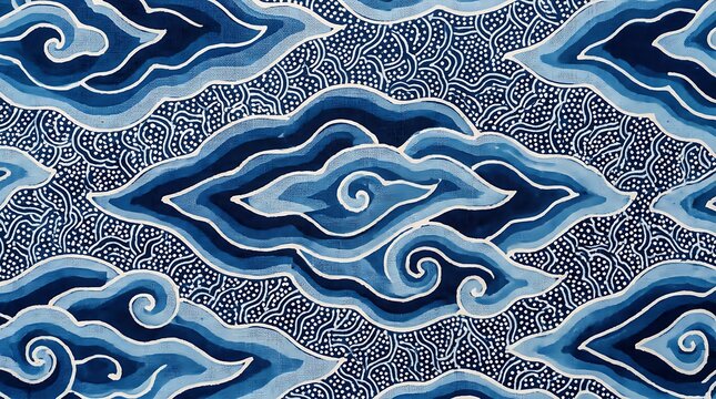 Traditional Indonesian Megamendung batik pattern with blue cloud motifs and intricate textured background