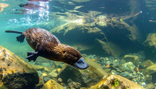 Unique duck billed platypus swimming underwater in a clear rocky Australian creek with a trail of bubbles. This cinematic widescreen view captures the rare monotreme in its natural river habitat.