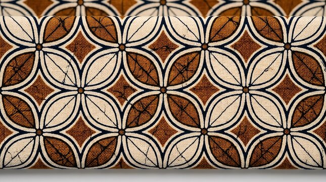 Traditional Indonesian Batik Kawung Fabric Pattern with Elegant Brown and Beige Geometric Design for Textile Background