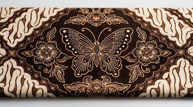 Traditional Indonesian batik textile featuring elegant butterfly and floral motifs in classic brown and cream tones