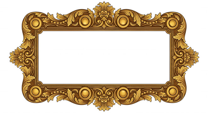 Rectangular ornate gold frame with intricate baroque scrollwork, acanthus leaf carvings, and circular corner accents on a black background